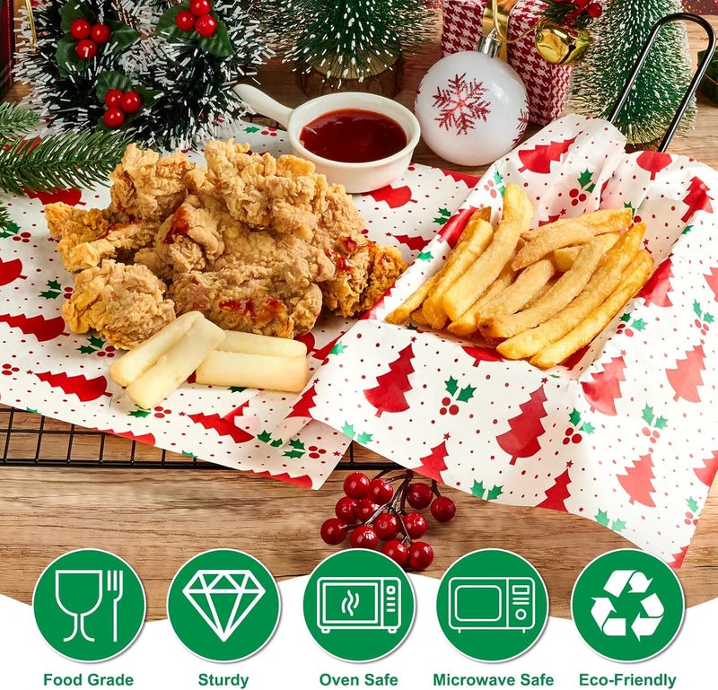 Ocmoiy 100 Sheets Christmas Wax Paper 10" x 10" Sandwich Wrapping Paper, Colored Decorative Deli Parchment Food Basket Liners for Wrapping Holiday Treats, Candy, Cookies (Xmas Tree & Holly Leave) - Image 3